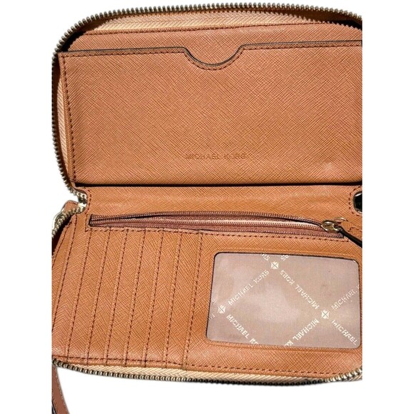 Michael Kors Flat Phone Wallet Wristlet Logo Zip Around Beige Tan Card Holder - Picture 8 of 10